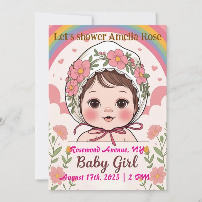 Convite de Chuveiro de Bebê Menina Rosa (Frente)