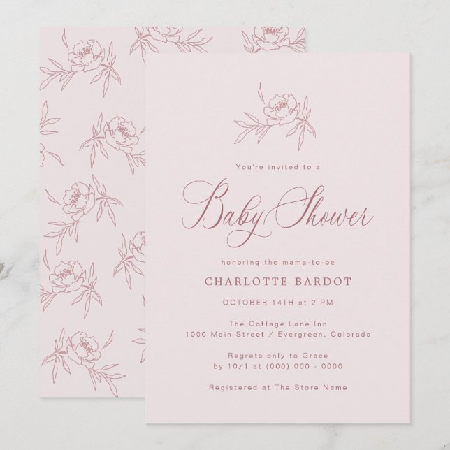 Convite de Chuveiro de Bebê Menina Rosa Elegante (Frente/Verso)