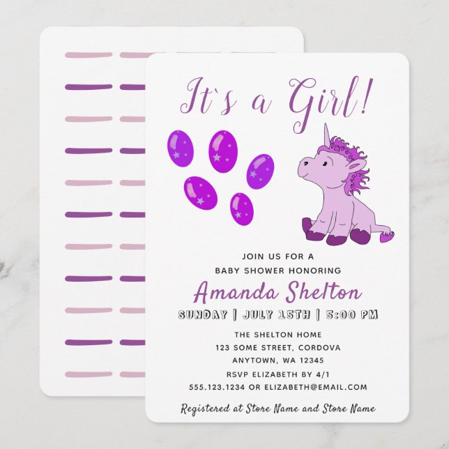 Convite de Chuveiro de Bebê Menina Unicórnio Rosa (Frente/Verso)