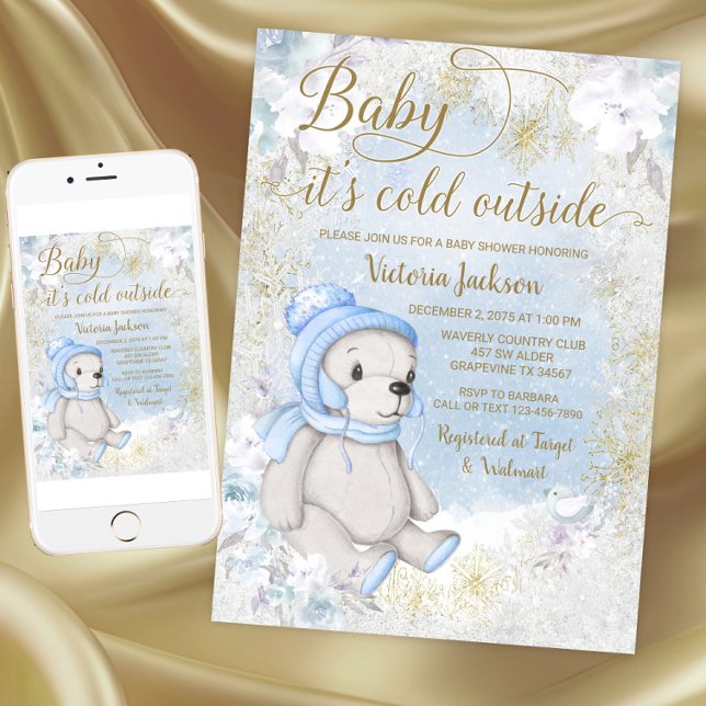 Convite de Chuveiro de Bebê Menino Bebê Está Frio  (Boy baby its cold outside baby shower invitation. Download and printed invitations available.)
