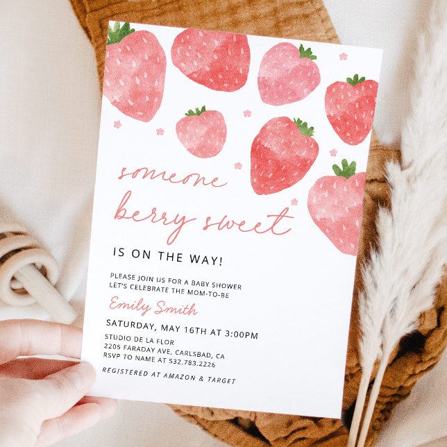 Convite de Chuveiro de Bebê Morango Doce Morango (Strawberry Baby Shower Invitation, Berry Sweet Baby Shower Invite, Pink Watercolor Strawberry Party)
