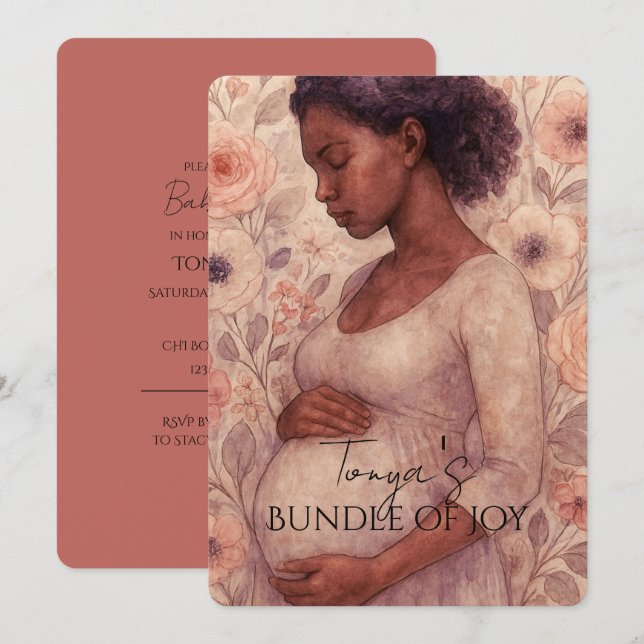 Convite de Chuveiro de Bebê, Mulher Grávida Preta (Frente/Verso)