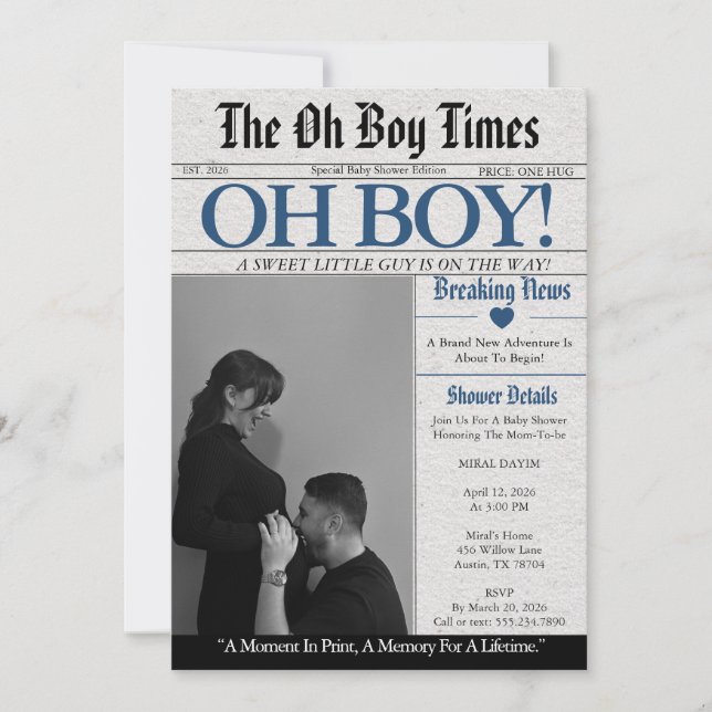 Convite de Chuveiro de Bebê Oh Boy Jornal (Frente)