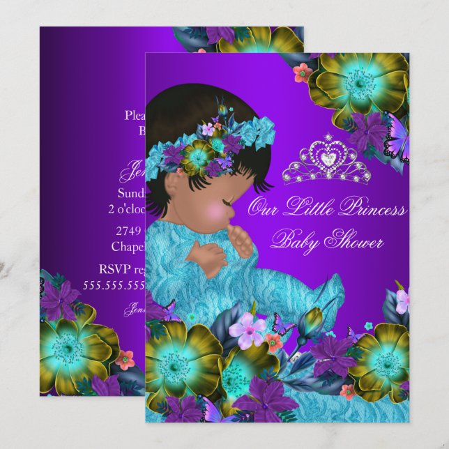 Convite de Chuveiro de Bebê Princesa Azul Turquesa (Frente/Verso)