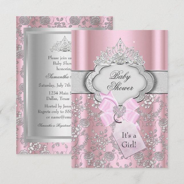 Convite de Chuveiro de Bebê Princesa com Tiara Pre (Frente/Verso)