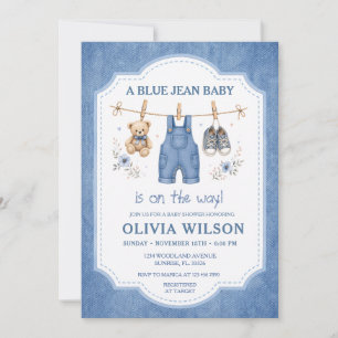 Convite de Chuveiro de Bebê Roupa de Jeans Azul