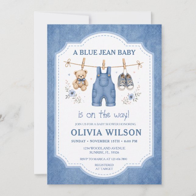 Convite de Chuveiro de Bebê Roupa de Jeans Azul (Frente)