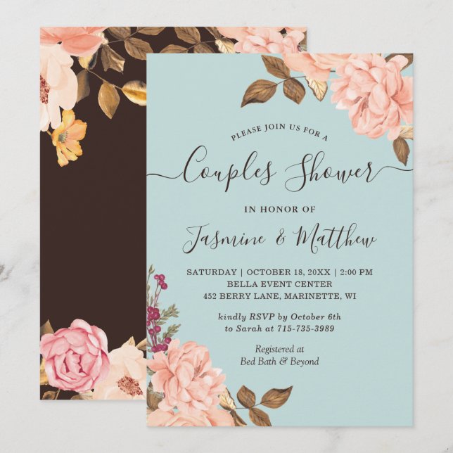 Convite de Chuveiro de Casais Floral Aqua Blush (Frente/Verso)