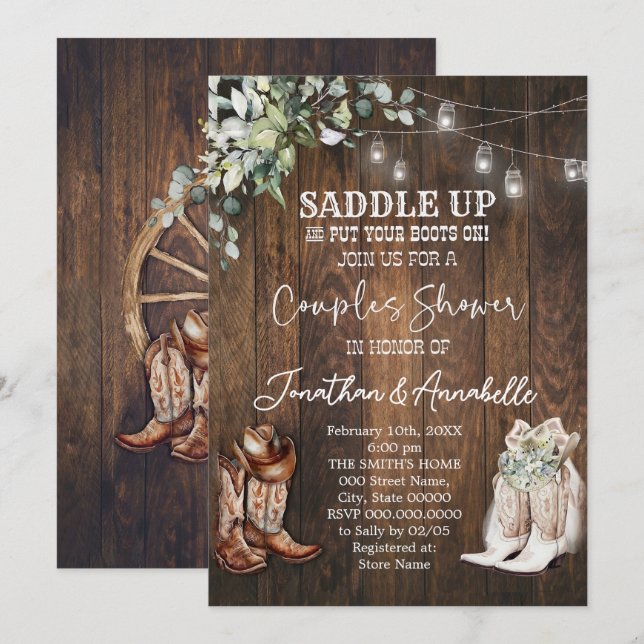 Convite de Chuveiro de Casal Western, Cowboy Rústi (Frente/Verso)