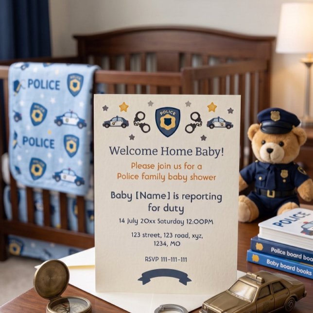 Convite de Chuveiro de Família da Polícia para Beb (Welcome Home Baby Police Family Shower Invitation)