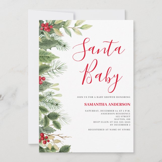Convite de Chuveiro de Natal Santa Baby Pine Berry (Frente)