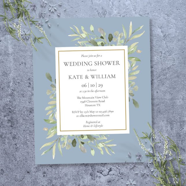 Convite de Chuveiro de Noiva Azul Empoeirado com V (Budget Greenery Dusty Blue Wedding Shower Invite)
