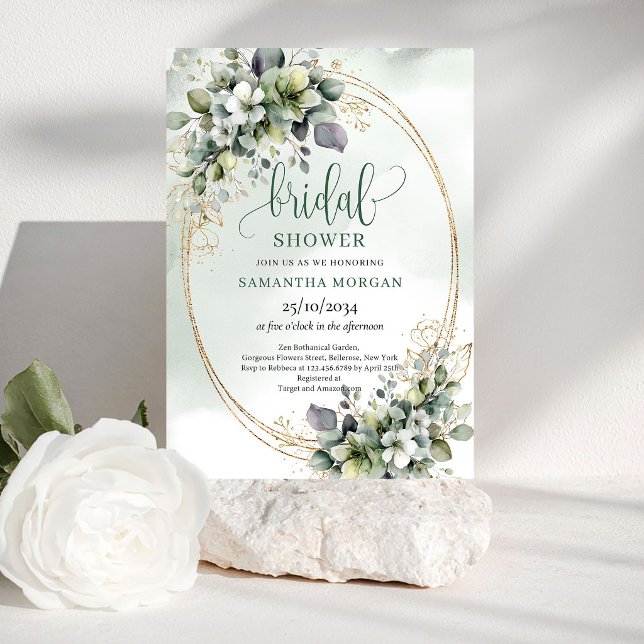 Convite de Chuveiro de Noiva Botânico em Verde Emp (Dusty Green Botanical Bridal Shower Invitation)
