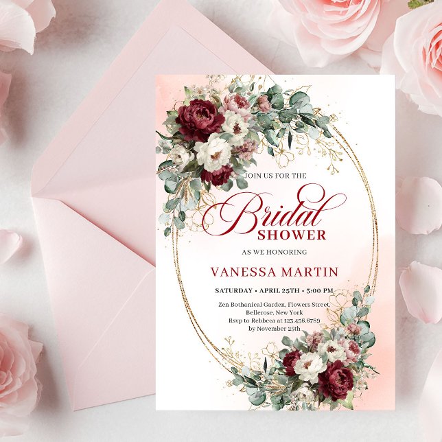 Convite de Chuveiro de Noiva Burgundy Dourado e Fo (Trendy Burgundy Gold Greenery Bridal Shower Invite)