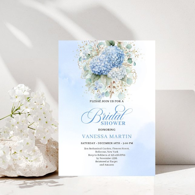 Convite de Chuveiro de Noiva Chic Boho Blue Hydran (Chic Boho Blue Hydrangeas Bridal Shower Invitation)