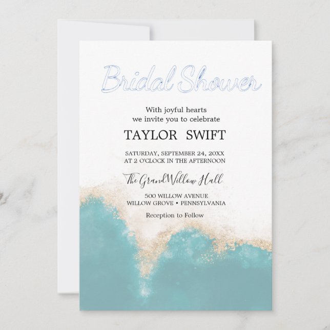 Convite de Chuveiro de Noiva com Aquarela Azul Mod (Frente)