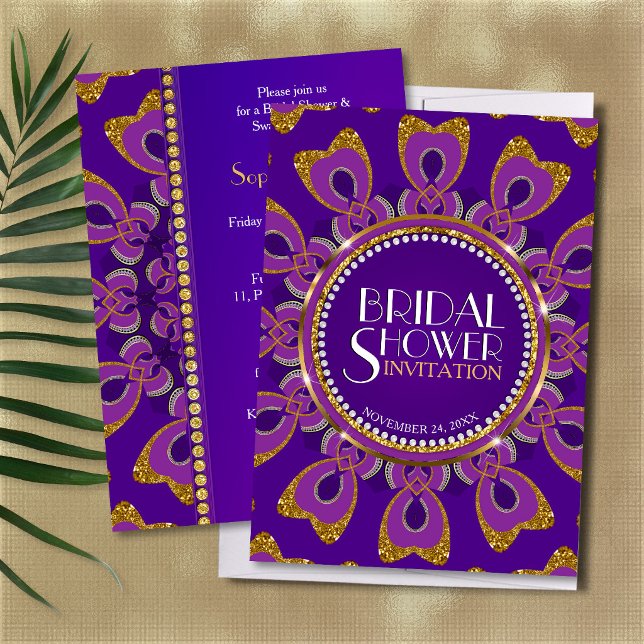 Convite de Chuveiro de Noiva com Brilho Dourado Re (Perfect invitation card for unique exotic  bridal showers and glamor celebrations.)