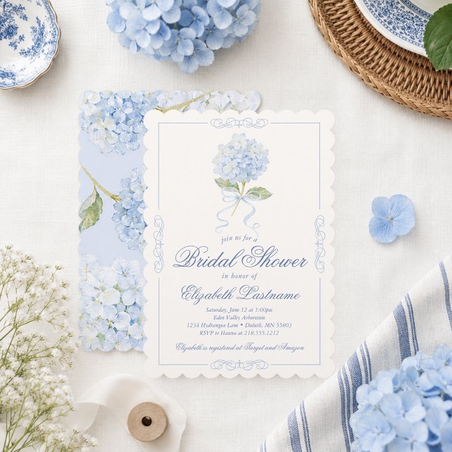 Convite de Chuveiro de Noiva com Hortênsia Azul El (Elegant Blue Hydrangea Bridal Shower Invitation)