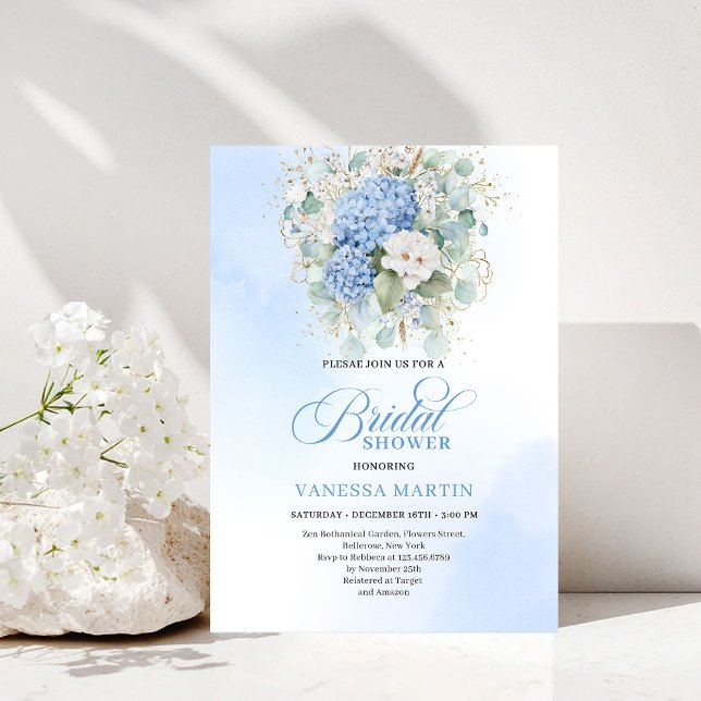 Convite de Chuveiro de Noiva com Hortênsias Azuis  (Refined Blue Hydrangeas Bridal Shower Invitation)