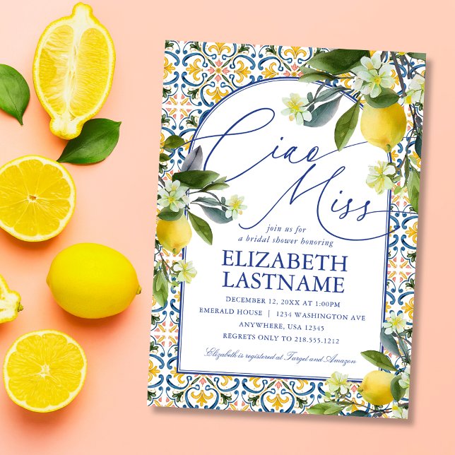 Convite de Chuveiro de Noiva com Limão Italiano (Italian lemon bridal shower invitation with blue tile design. Perfect Amalfi Coast them.)