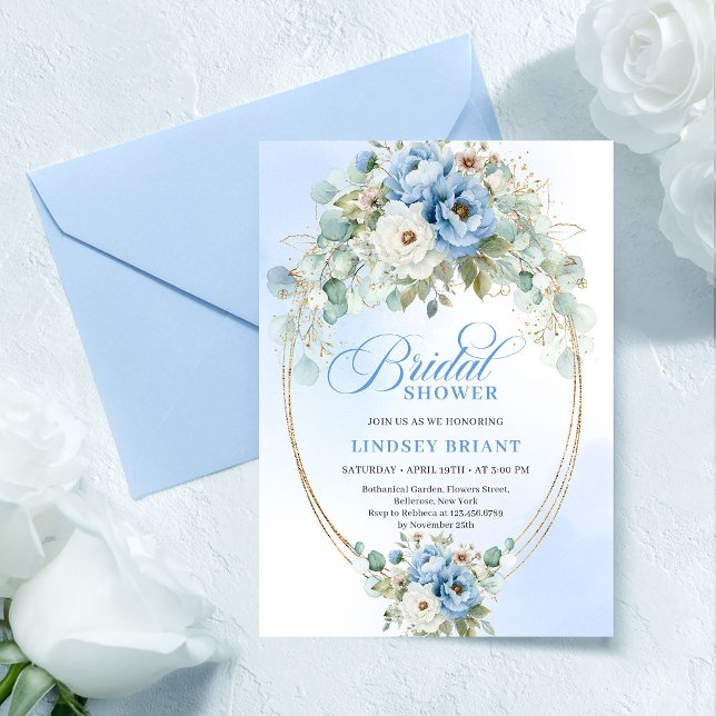 Convite de Chuveiro de Noiva com Moldura Dourada e (Modern Blue Peony Gold Frame Bridal Shower Invite

)