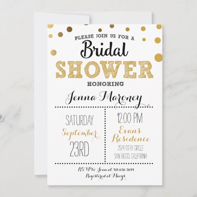 Convite de Chuveiro de Noiva com Pontos de Ouro (Frente)