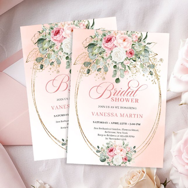 Convite de Chuveiro de Noiva com Rosas Rosa Pálido (Romantic Pale Pink Roses Bridal Shower Invitation)