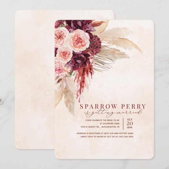 Convite de Chuveiro de Noiva de Grama de Pampas de (Frente/Verso)