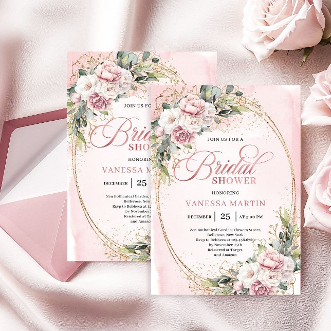 Convite de Chuveiro de Noiva Eucalipto Rosa Empoei (Trendy Dusty Pink Eucalyptus Bridal Shower Invite)