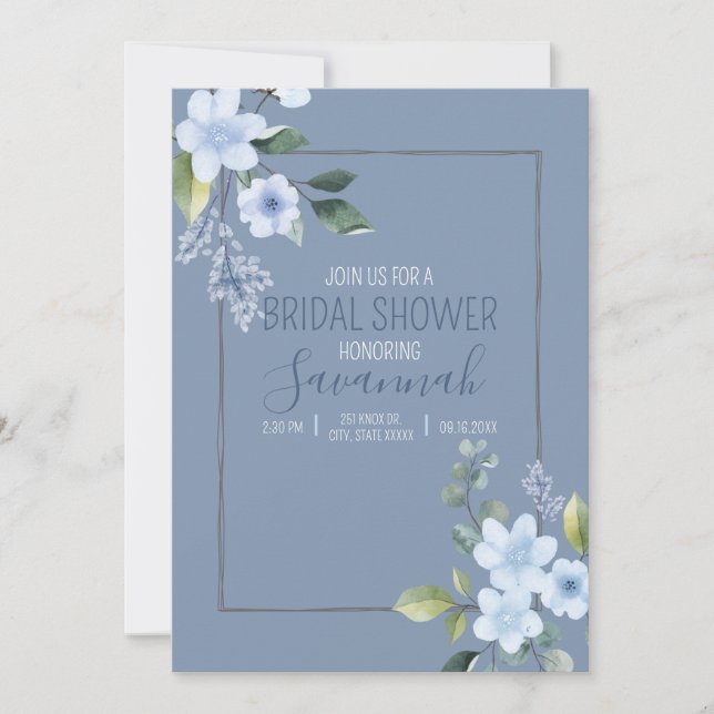 Convite de Chuveiro de Noiva Floral Azul Aquarela (Frente)