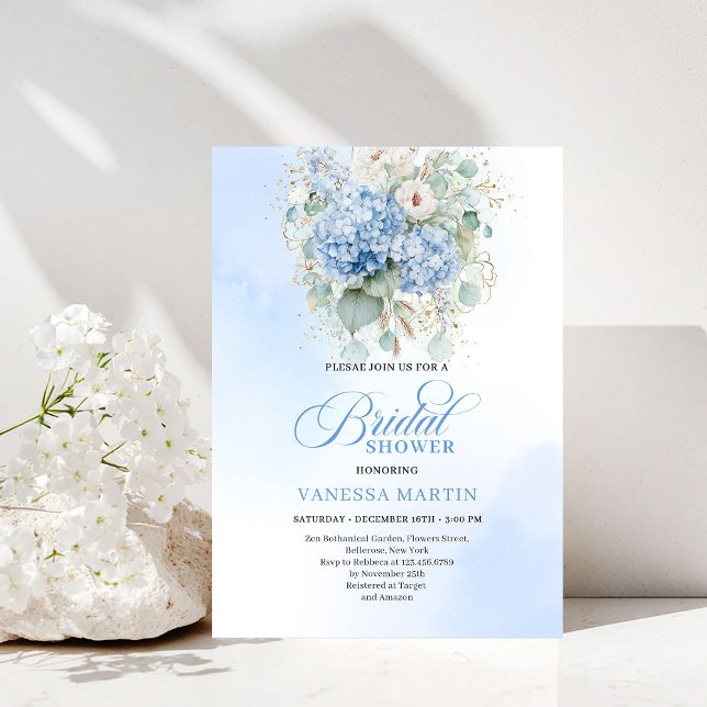 Convite de Chuveiro de Noiva Floral Azul Boho Míni (Minimal Boho Blue Floral Bridal Shower Invitation)