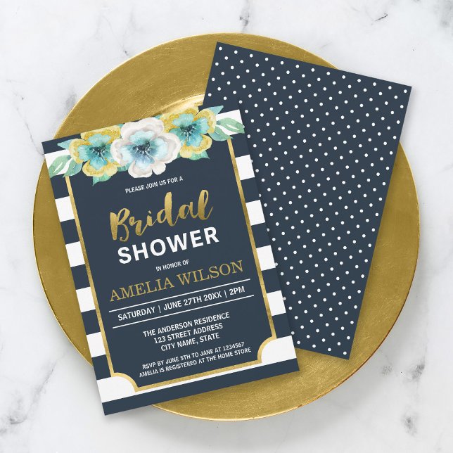 Convite de Chuveiro de Noiva Floral Azul e Dourado (Criador carregado)