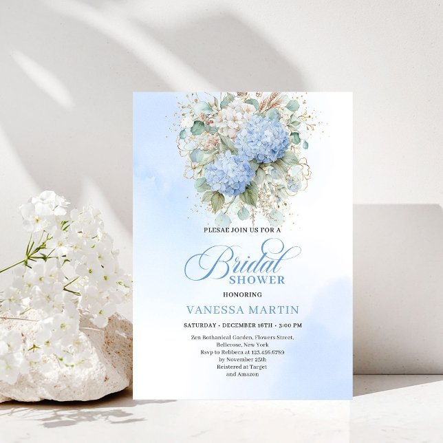 Convite de Chuveiro de Noiva Floral Azul Soft Boho (Soft Boho Blue Floral Bridal Shower Gold Invitation)