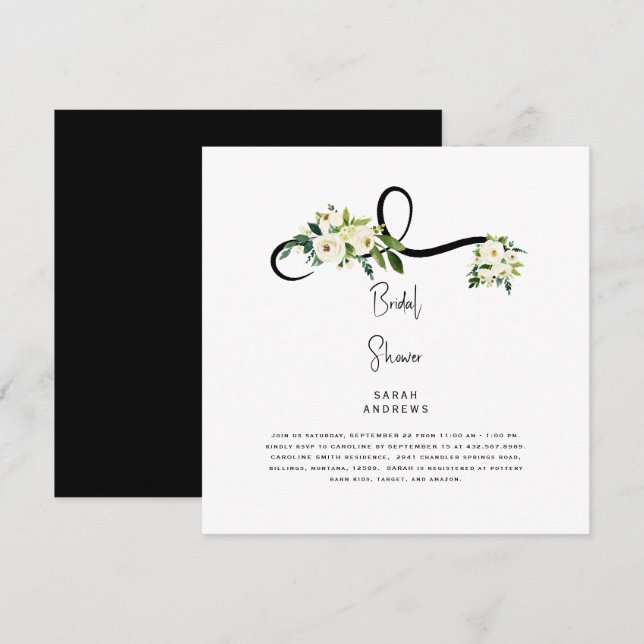 Convite de Chuveiro de Noiva Floral Branco Preto e (Frente/Verso)