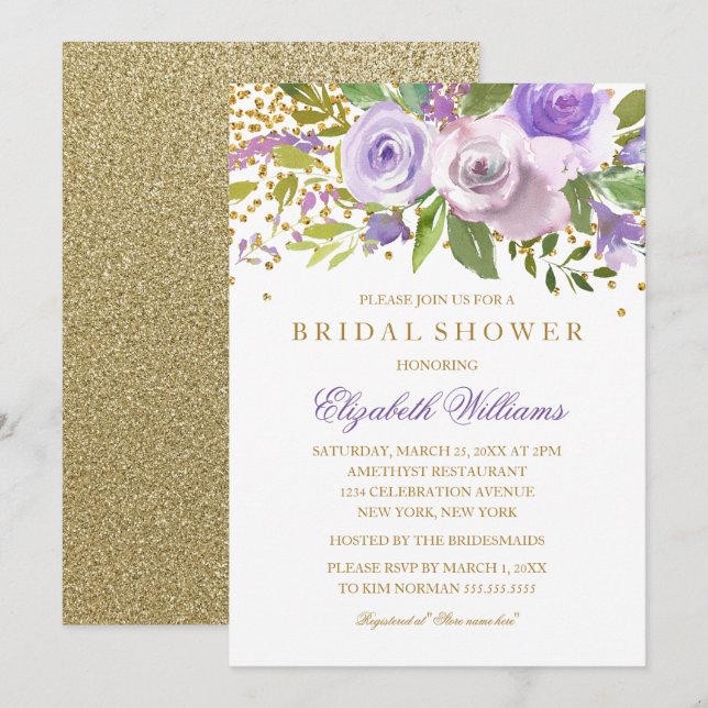 Convite de Chuveiro de Noiva Floral Brilho Dourado (Frente/Verso)
