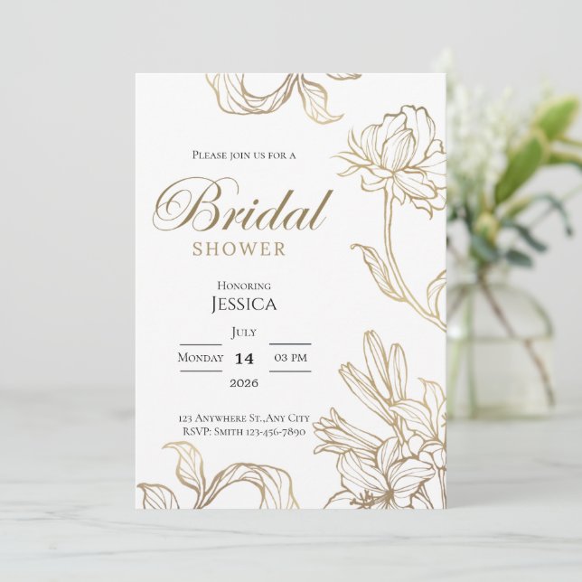 Convite de Chuveiro de Noiva Floral Elegante Ouro  (Em pé/Frente)