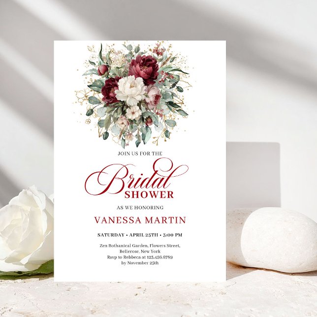 Convite de Chuveiro de Noiva Floral Marrom Refined (Refined Maroon Floral Gold Bridal Shower Invitation)
