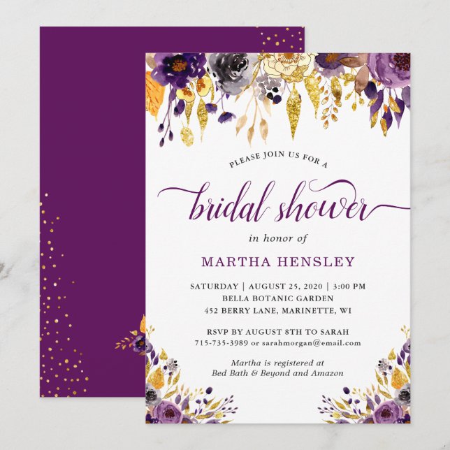 Convite de Chuveiro de Noiva Floral Roxo Dourado A (Frente/Verso)
