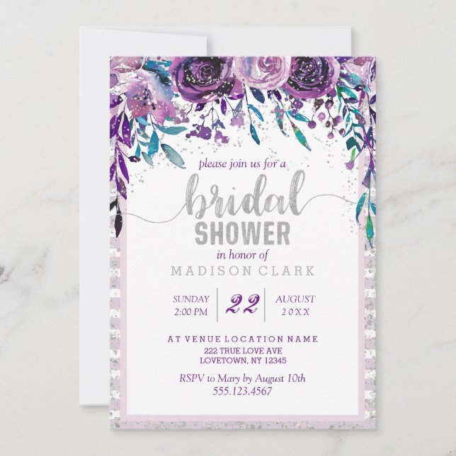 Convite de Chuveiro de Noiva Floral Roxo e Prata (Frente)