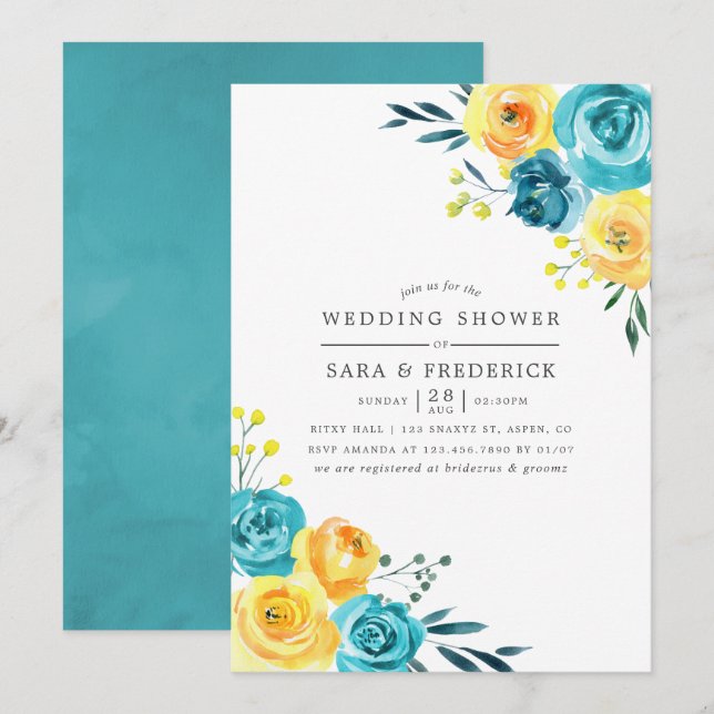 Convite de Chuveiro de Noiva Floral Turquesa e Ama (Frente/Verso)