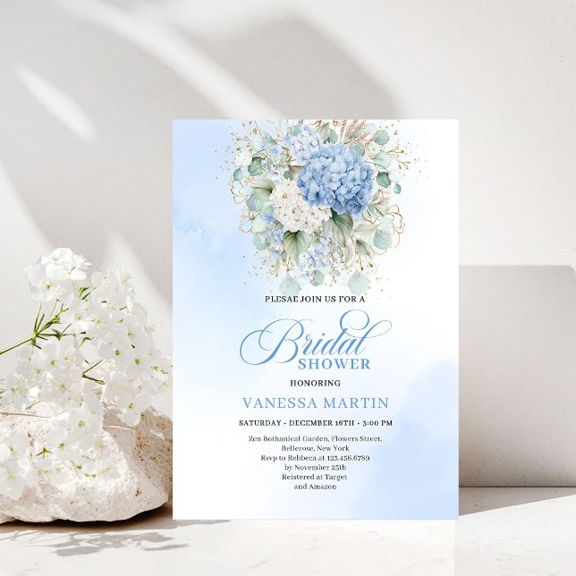 Convite de Chuveiro de Noiva Hydrangea Azul Luxo D (Luxury Blue Hydrangea Bridal Shower Gold Invitation)