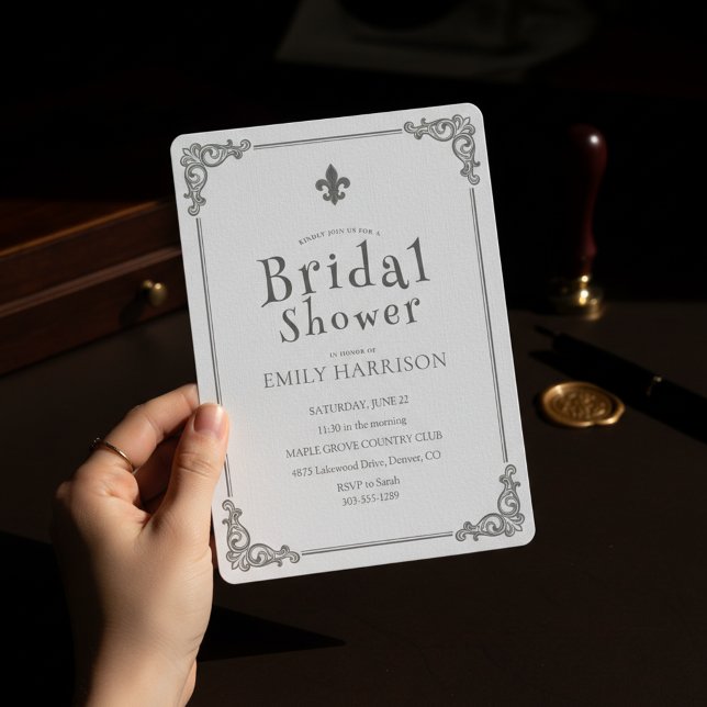 Convite de Chuveiro de Noiva Preto e Branco Clássi (Elegant black and white bridal shower invitation featuring timeless serif typography and classic)