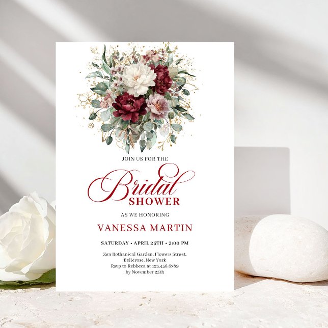 Convite de Chuveiro de Noiva Romântico Marrom e Do (Romantic Maroon & Gold Bridal Shower Invitation)