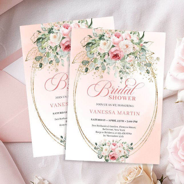 Convite de Chuveiro de Noiva Sofisticado em Dourad (Sophisticated Blush Gold Bridal Shower Invitation)