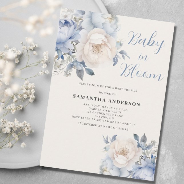 Convite de Chuveiro Floral Azul Menino Bebê em Flo (Criador carregado)