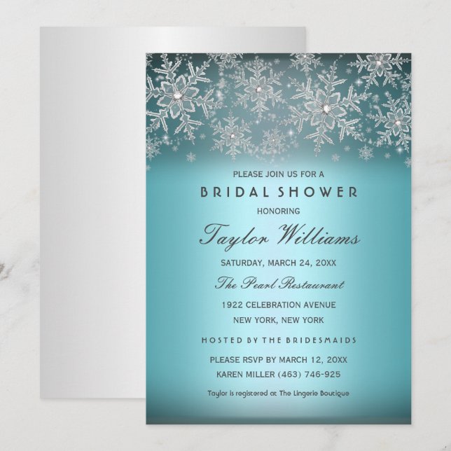 Convite de Chuveiro Nupcial Floco de Neve Joia Azu (Frente/Verso)