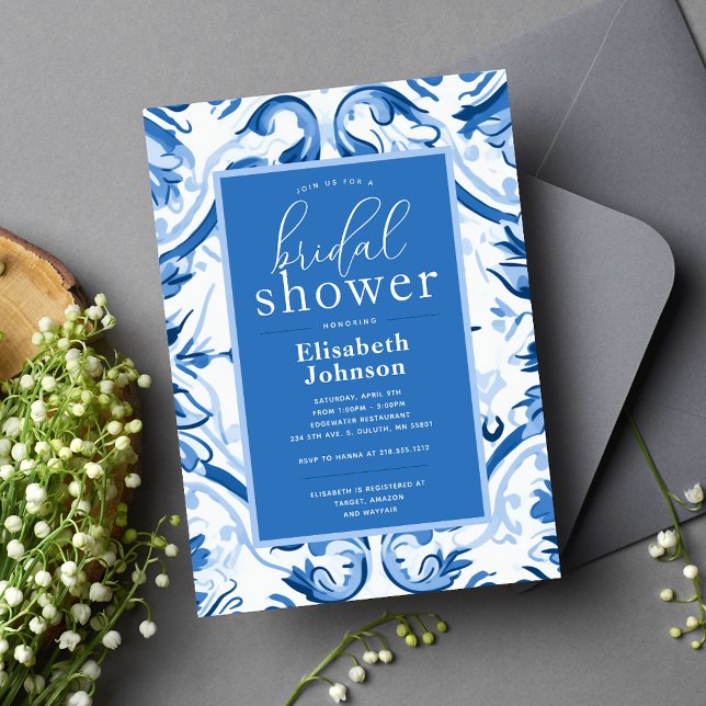 Convite de Chuveiro Nupcial Floral Azul Delft Mode (Criador carregado)