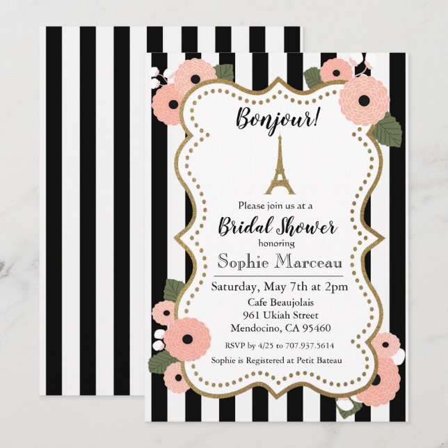 Convite de Chuveiro Nupcial Floral Torre Eiffel Pa (Frente/Verso)