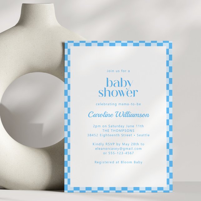 Convite de Chuvinha de Bebê Azul com QR Code Retro (Criador carregado)