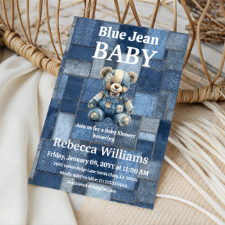 Convite de Chuvinha de Bebê Azul Menino Urso de De